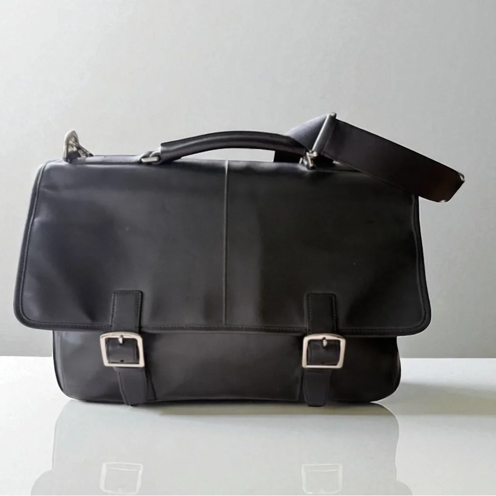 COACH F70666 Lexington Flap Top Black Leather Briefcase/laptop Bag Buckle Detail